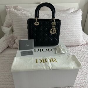 Christian Dior Dior Lady Cannage Medium 2WAY Bag Shoulder Lambskin Black M056...